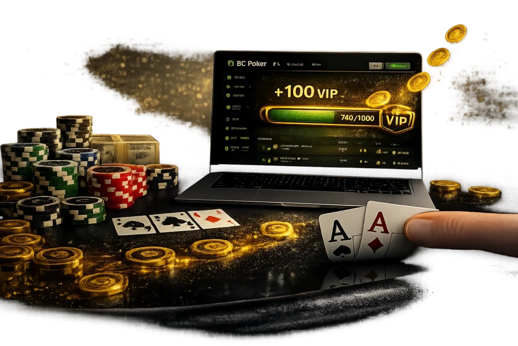 cards on the table and chips next to the laptop